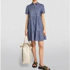 Claudie Pierlot Linen Cotton Tiered Mini Shirt Dress‎ 40/Med Blue Denim Collared